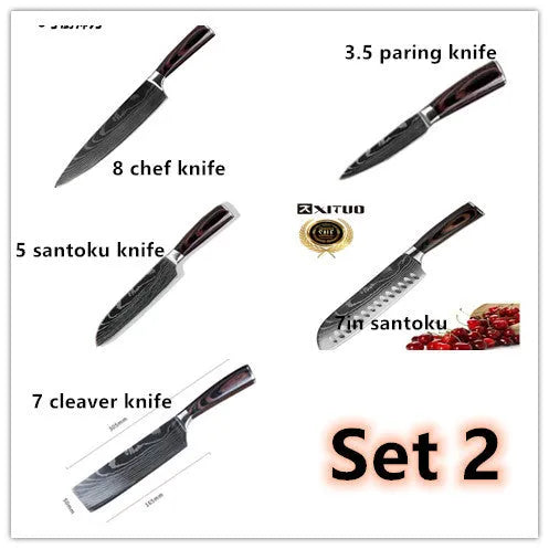 7Cr17 stainless steel kitchen knife with coloured wood handle and Damascus pattern blade on a black gift box.