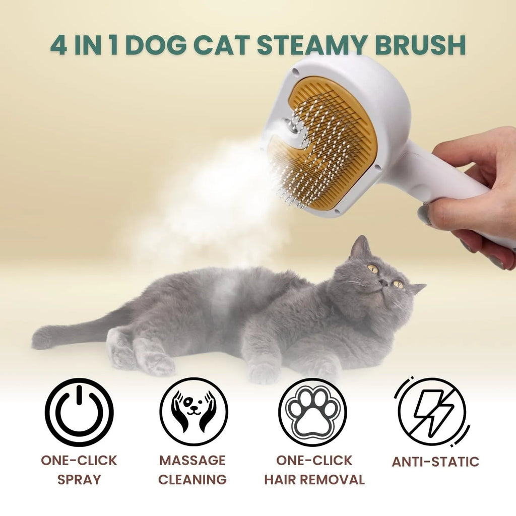 White pet grooming brush with steam function and self-cleaning mechanism for dogs and cats