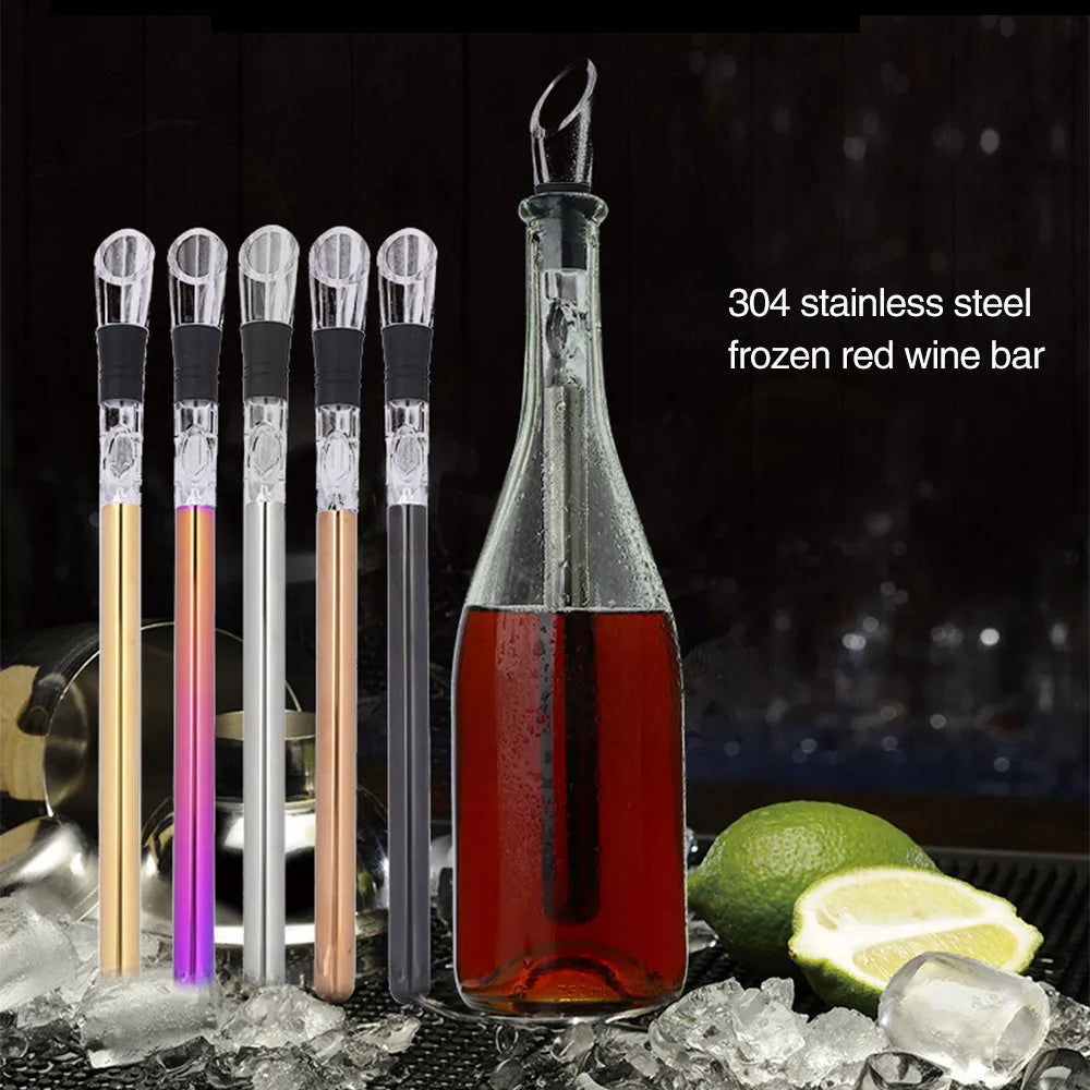Stainless steel wine chilling rod with acrylic handle and integrated pourer, shown in silver finish.