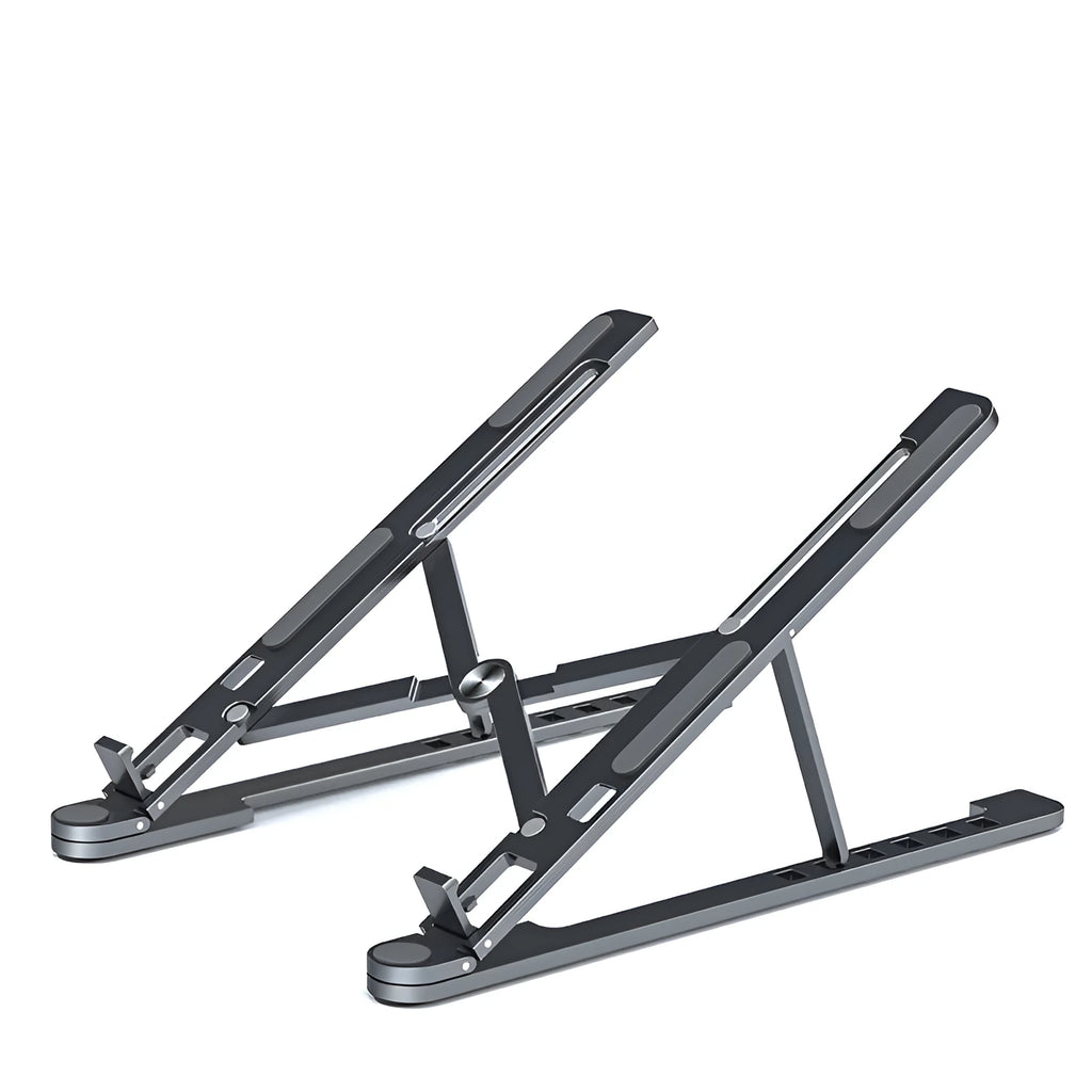 Foldable aluminium laptop stand in silver, shown open for use and folded for storage.