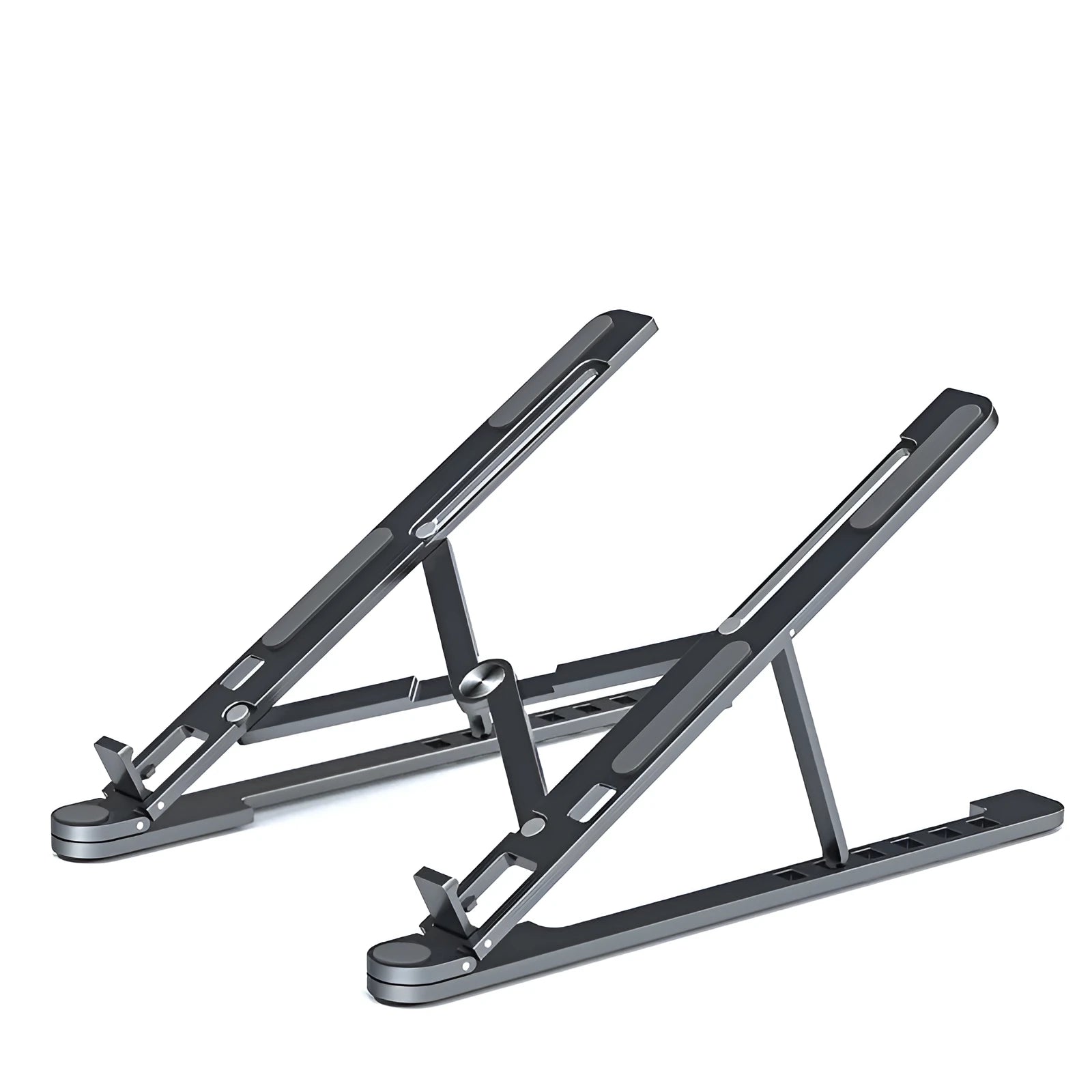 Foldable aluminium laptop stand in silver, shown open for use and folded for storage.