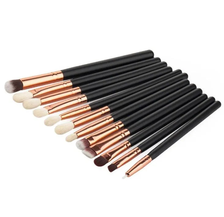 12 piece makeup brush set with wooden handles and long rod design, black and pink options, on white background