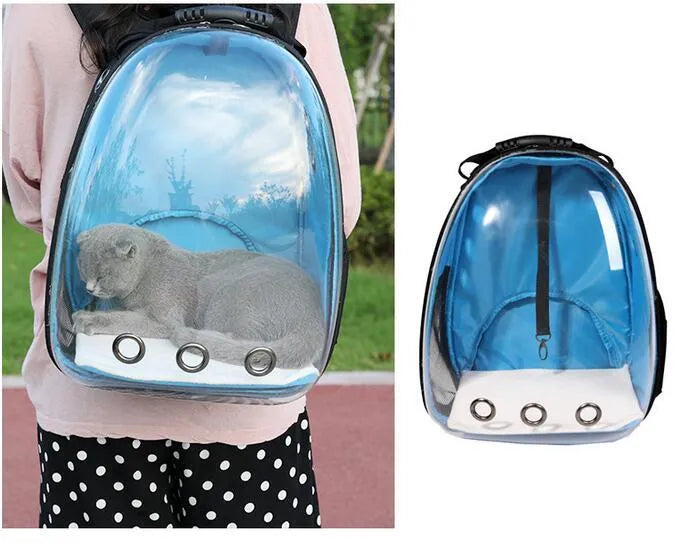 Transparent plastic pet backpack in solid colour with pet inside, available in yellow red green blue and more shades
