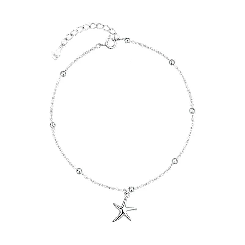 S925 sterling silver anklet with a starfish charm and round beads.