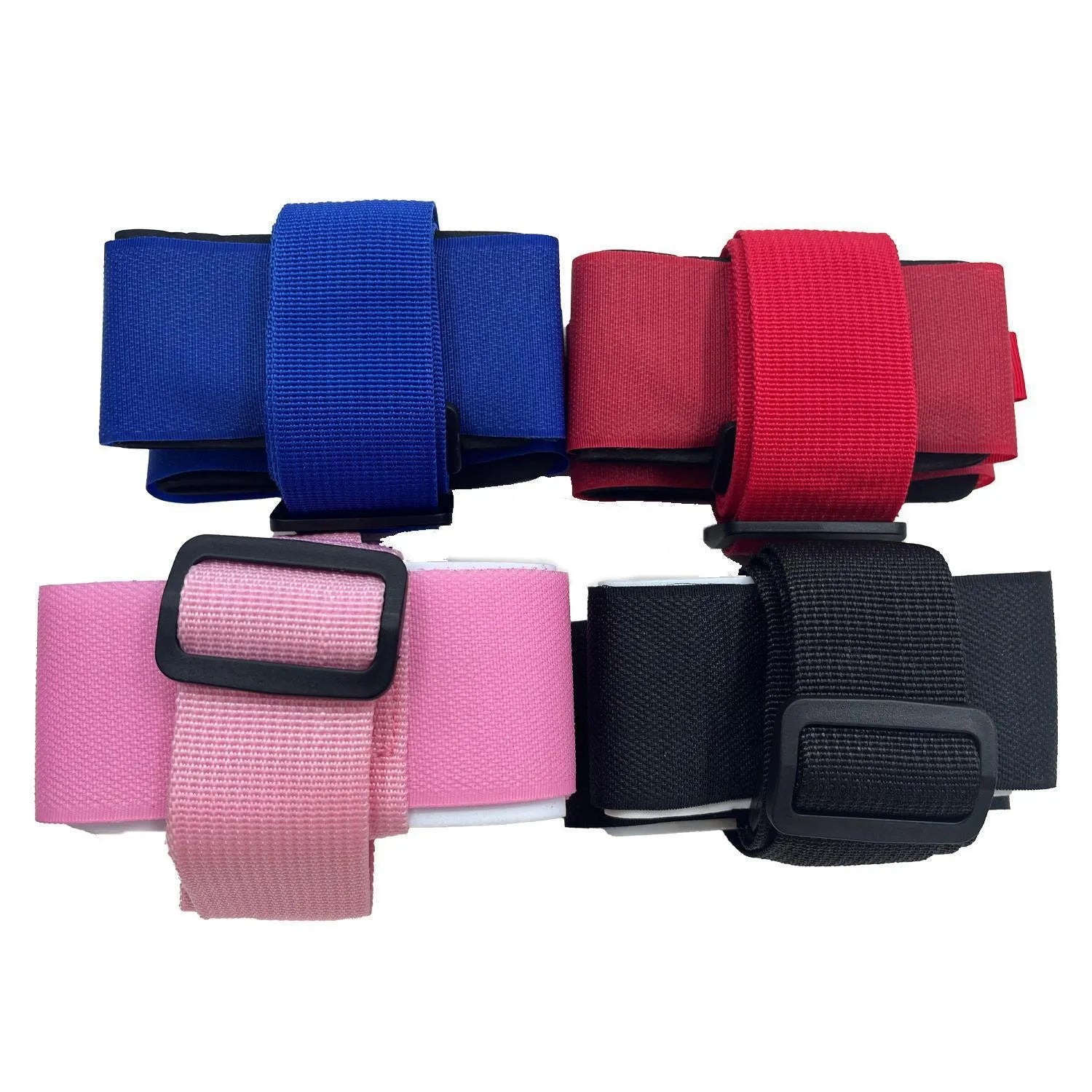 A black adjustable hook and loop strap for securing a skiing bandage to the shoulder during sled sports.