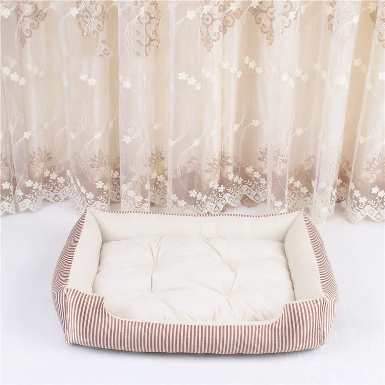 Round cloth pet bed for dogs and cats in a stripe pattern, showing size options from 45cm to 90cm.