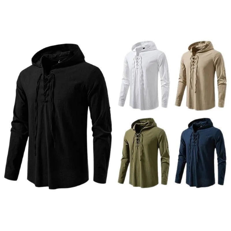 Men's cotton linen drawstring long sleeve pirate print shirt in white, slim fit pullover style
