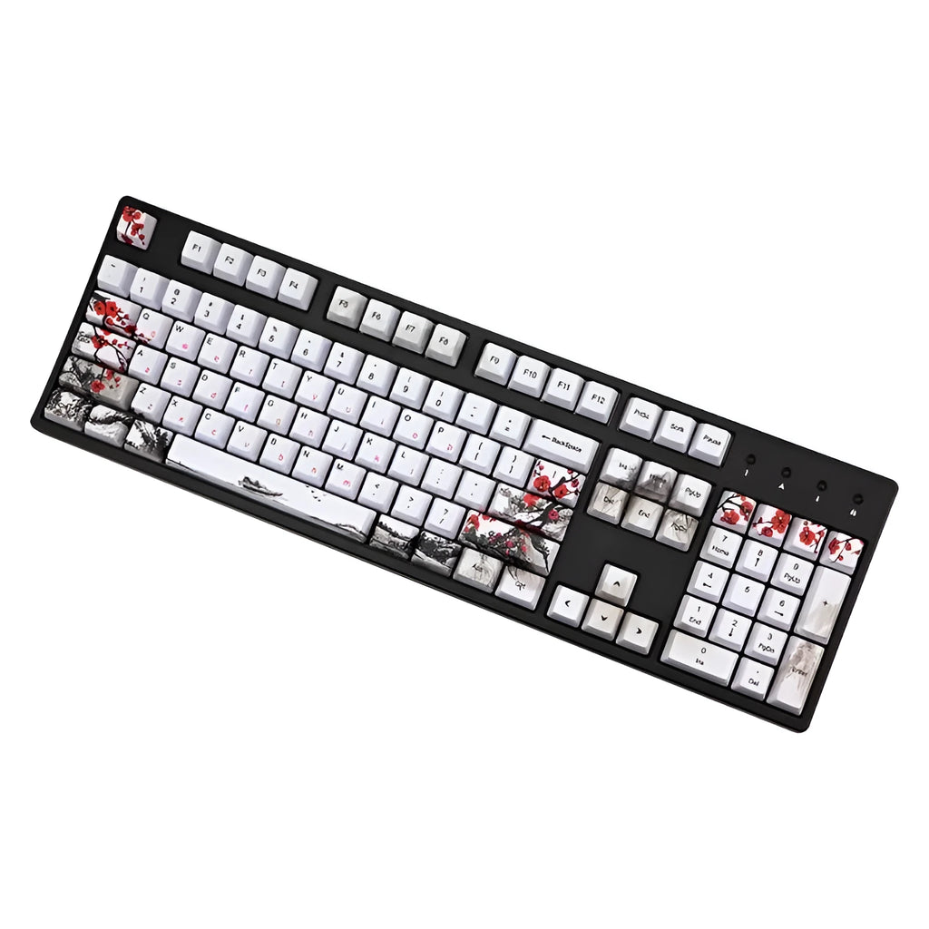 PBT Wangjiang plum blossom themed keycap set for mechanical keyboards, showing Korean and Japanese legend options.
