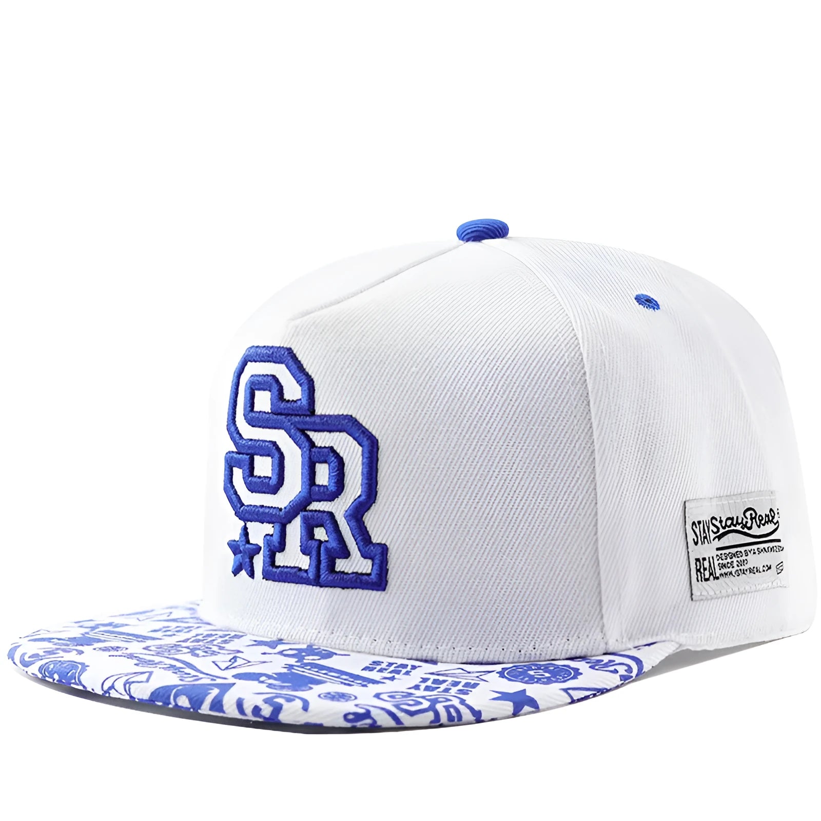 Cotton baseball cap with embroidered letters in black or white, showing adjustable strap and dome crown.