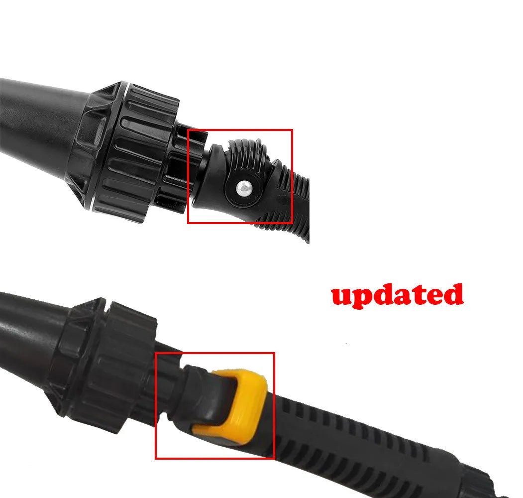 Water-driven rotary cleaning brush in black and yellow plastic connected to a garden hose for car wheel cleaning