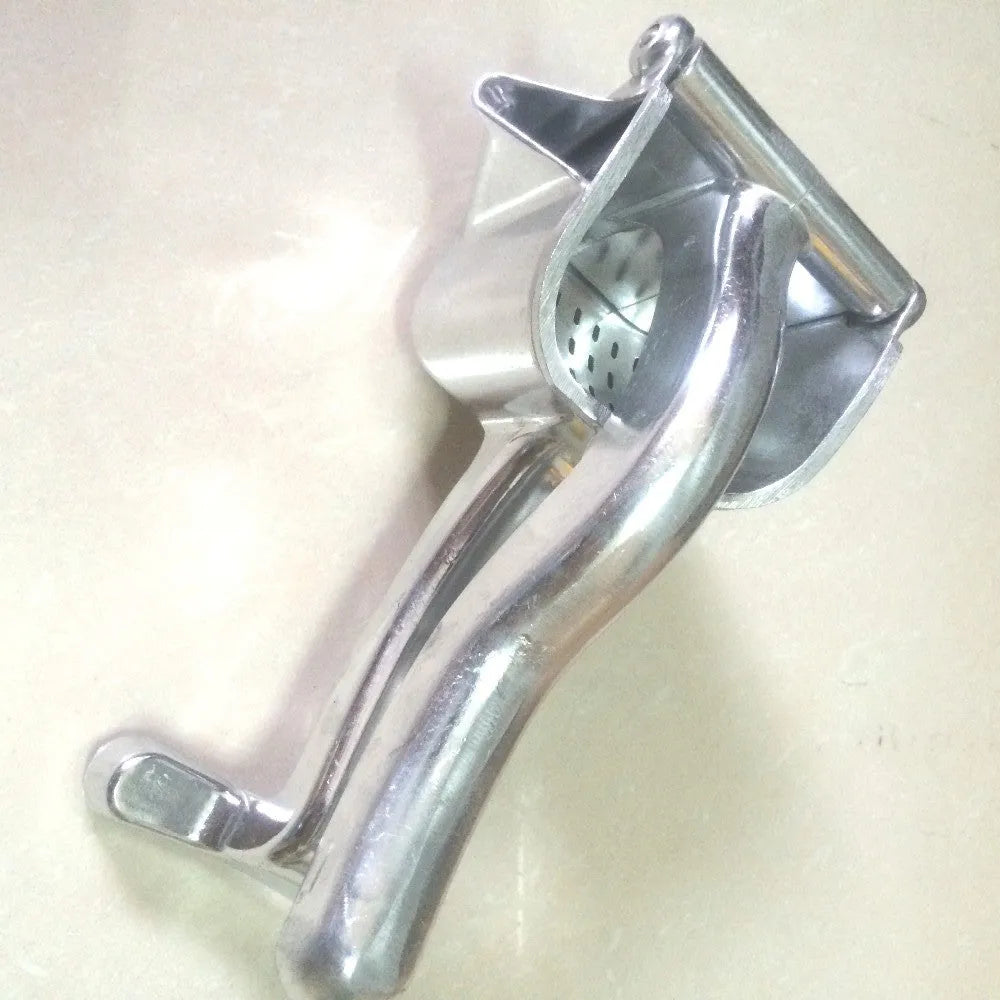 Silver heavy-duty aluminium and steel lemon squeezer press with large bowl.