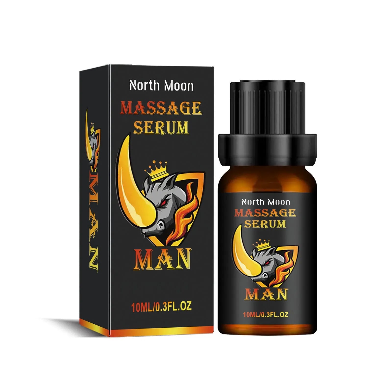 10ml bottle of men's massage essential oil for external body care containing mineral oil, jojoba oil, and ginger root oil.