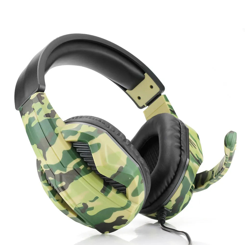 Army Green camouflage wired gaming headset with over-ear cups and a black PVC cable.