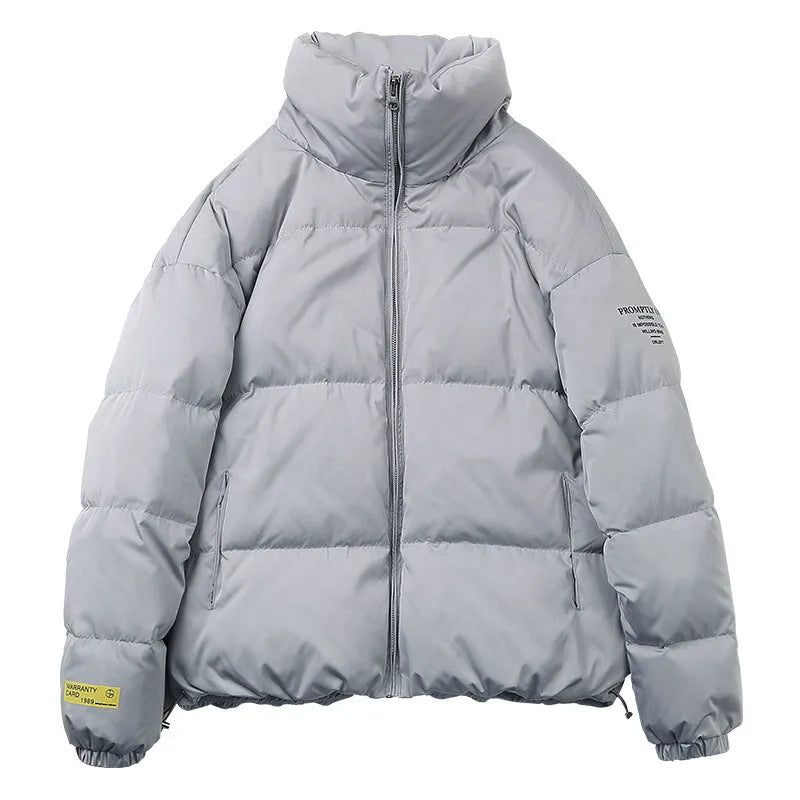 Men's stand collar padded jacket in black, polyester filling, zipper front, side slit pockets, straight hem, loose fit