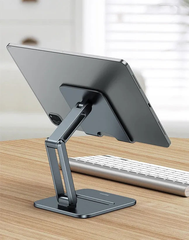 Deep space grey aluminium folding stand holding a tablet and a mobile phone separately.