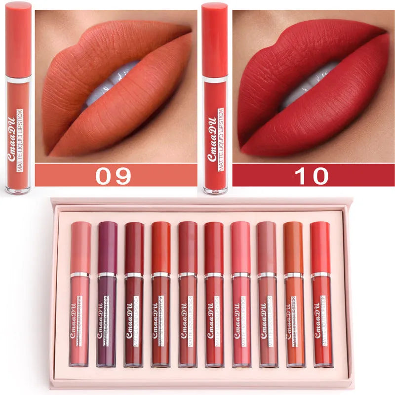 Set of 10 waterproof matte lipsticks in photo colour with 3g per stick and 36-month shelf life