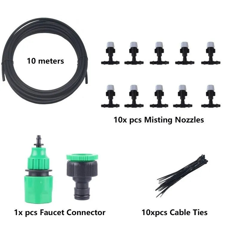 10 metre garden irrigation hose system with water mist and 10 spray heads for plant watering