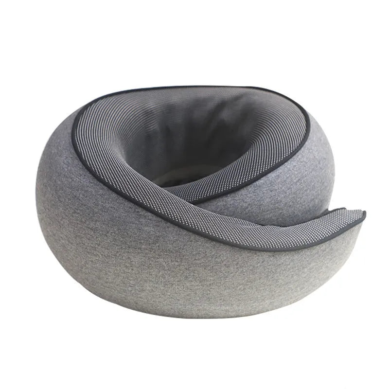 U-shaped memory foam neck pillow for travel with storage bag in grey colour.