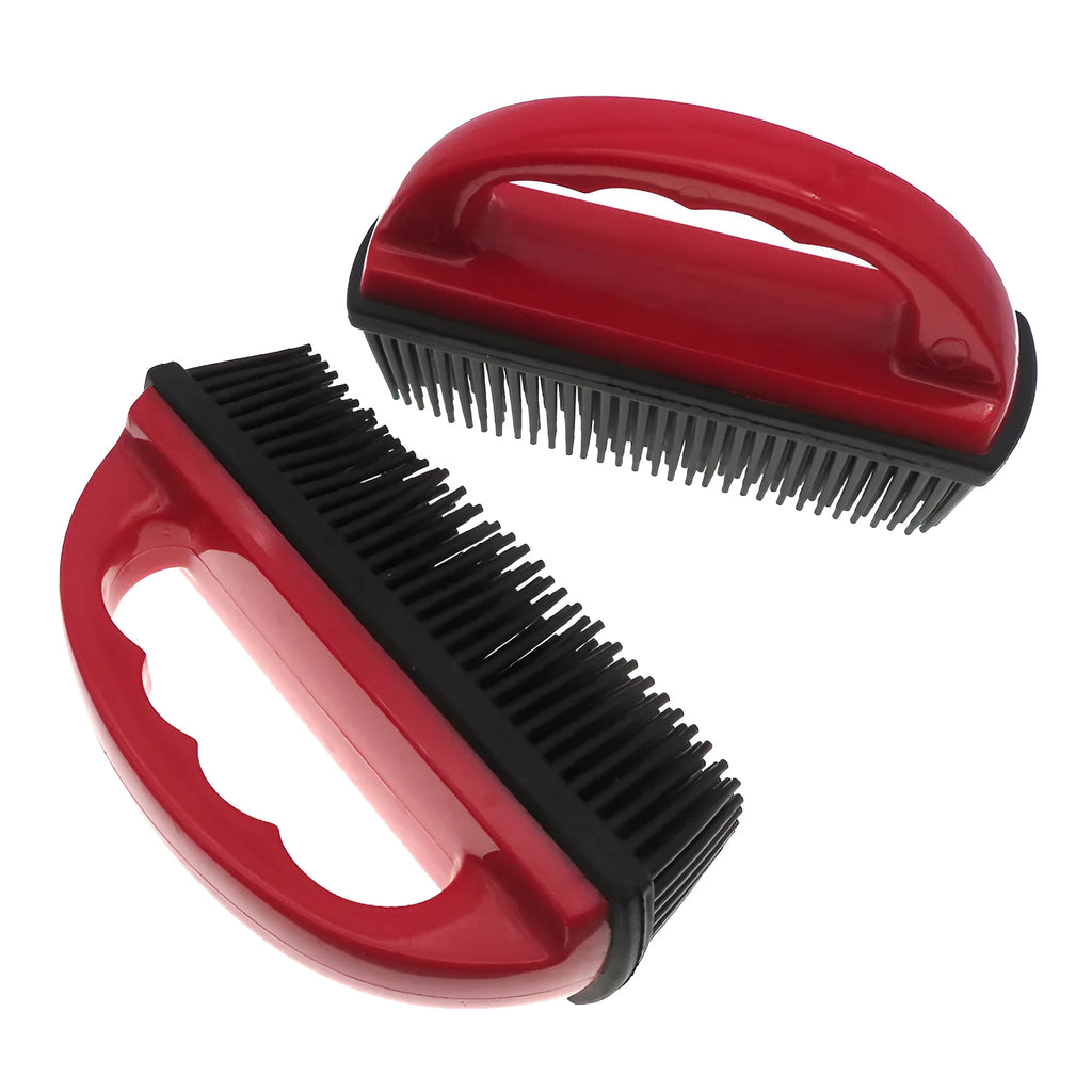 Red silicone pet hair removal brush with oval head measuring 160mm by 85mm.