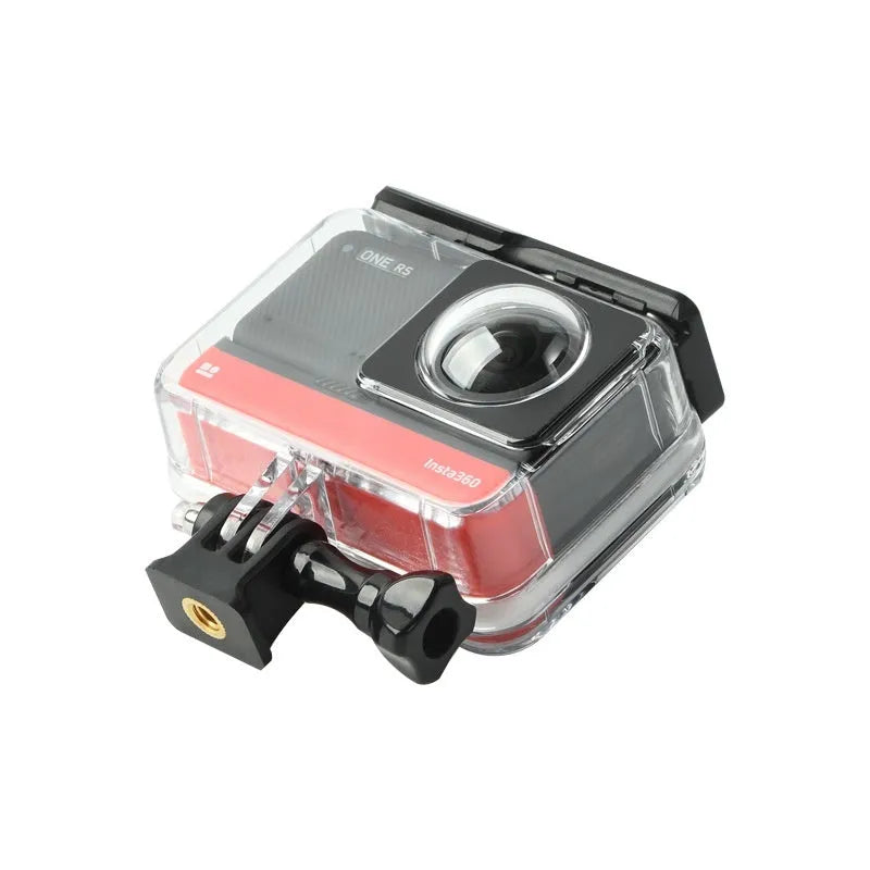 Transparent Insta360 One RS waterproof housing case for underwater camera protection.
