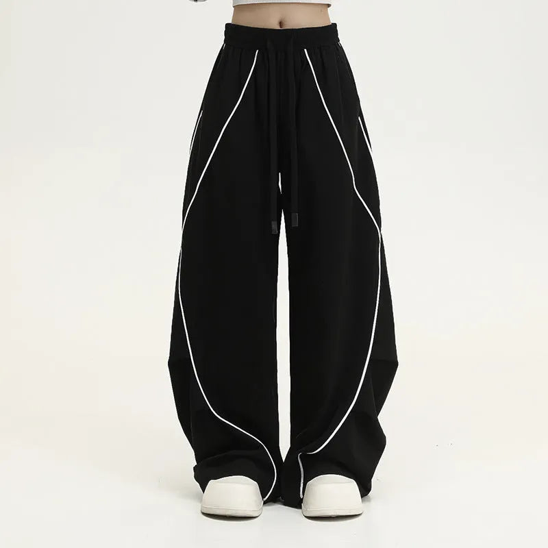 Black striped pleated hip hop wide-leg pants with mid waist and loose fit design