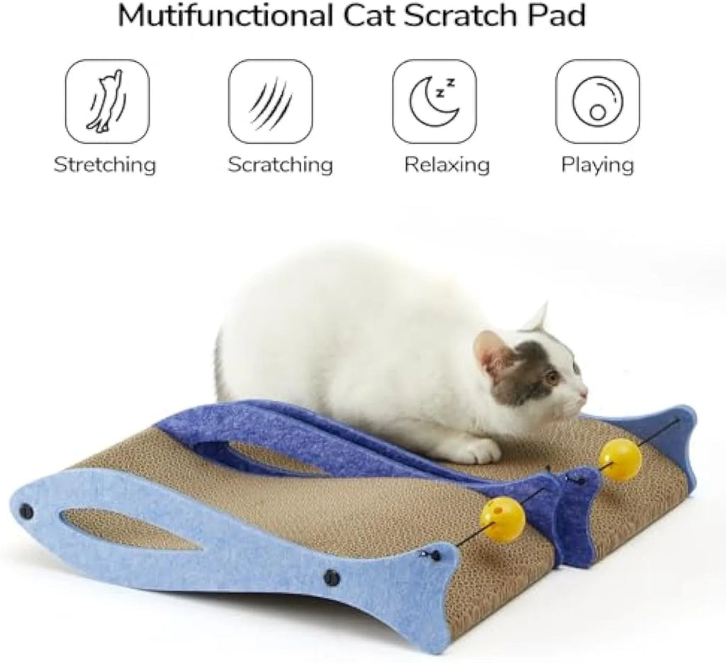 Blue fish-shaped cardboard cat scratcher lounge with a dangling bell ball toy.