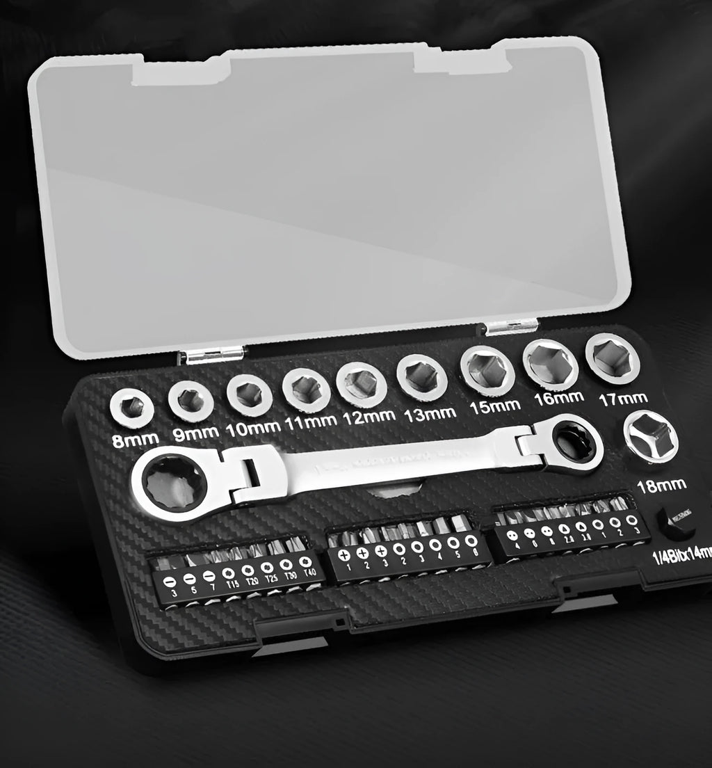Ratchet wrench set with sockets and batch heads arranged around the dual-purpose tool