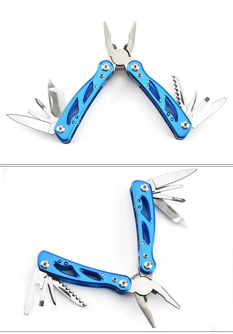 Blue multi-function outdoor pliers knife shown folded and with its included Oxford storage bag.