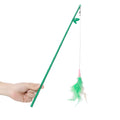Green interactive cat feather wand toy with bells and a comfortable grip handle