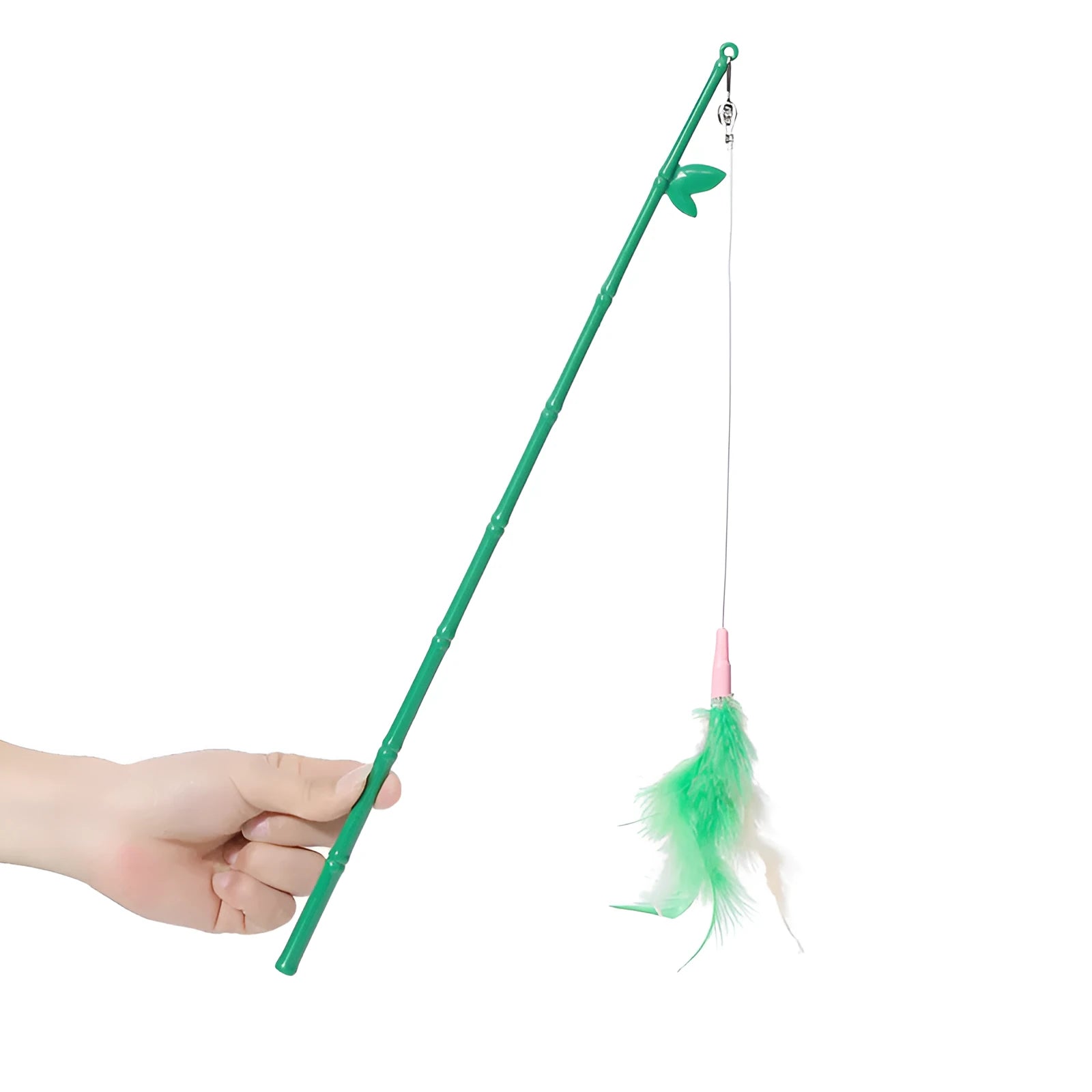 Green interactive cat feather wand toy with bells and a comfortable grip handle