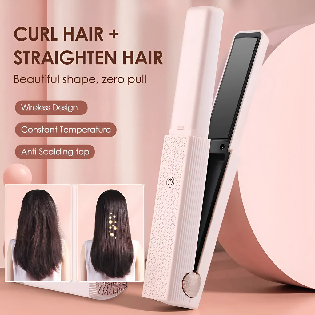 Pink and green mini cordless USB hair straightener and curler with ceramic plates.