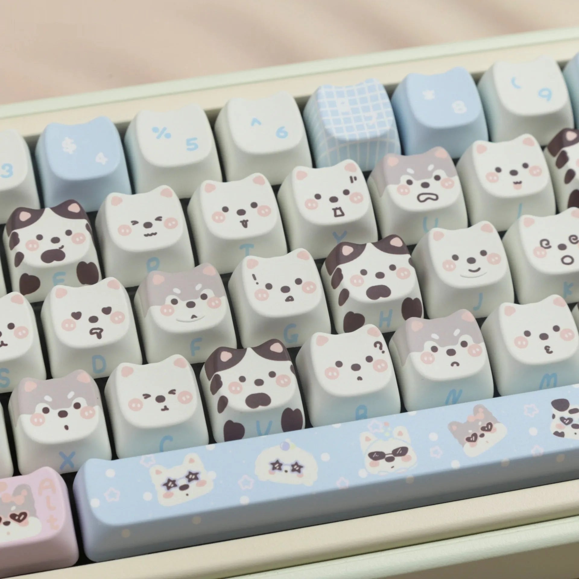 PBT sublimation full set key caps showing cat and puppy animal designs for mechanical keyboards