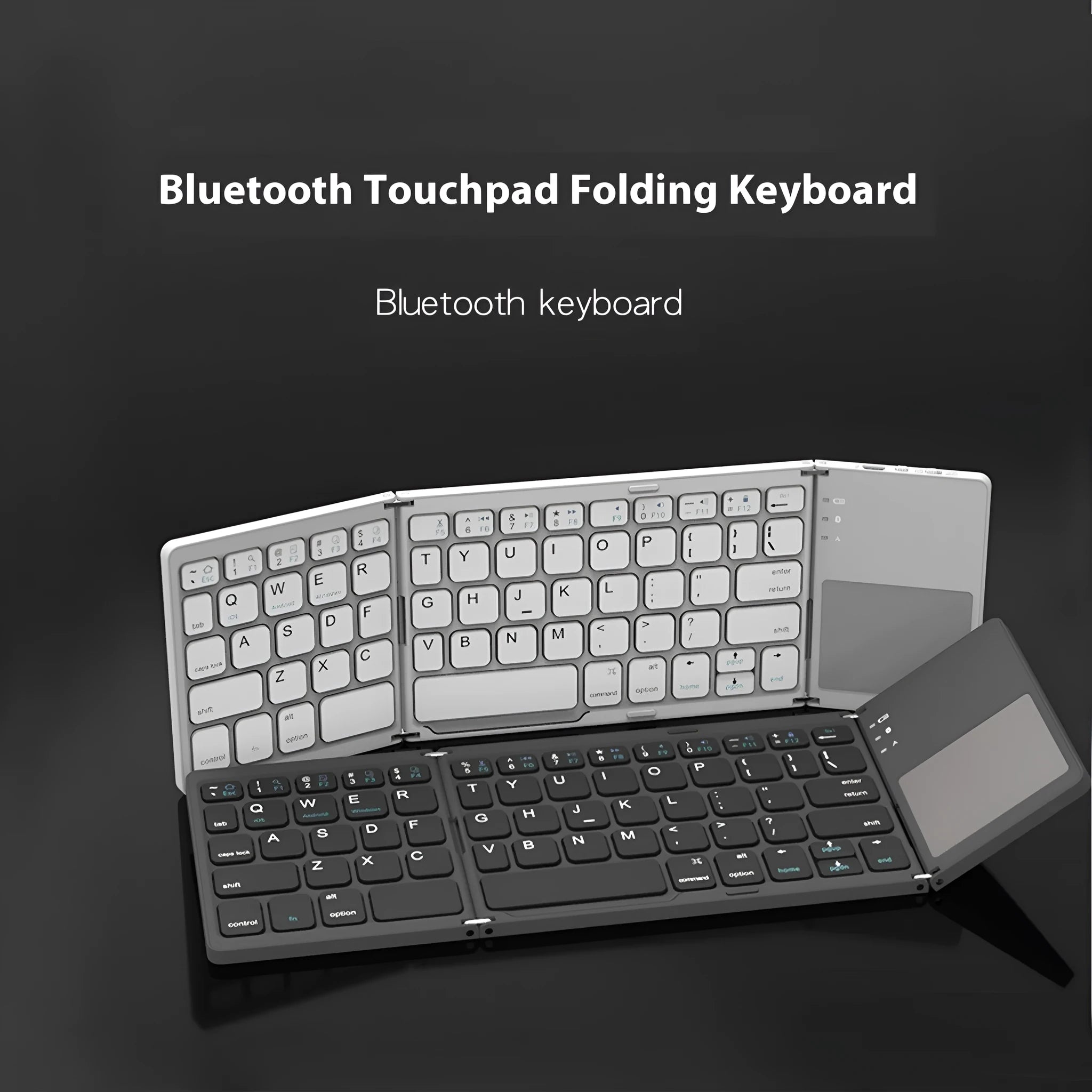 Mini tri-fold Bluetooth keyboard shown unfolded and folded, in black and silver colours