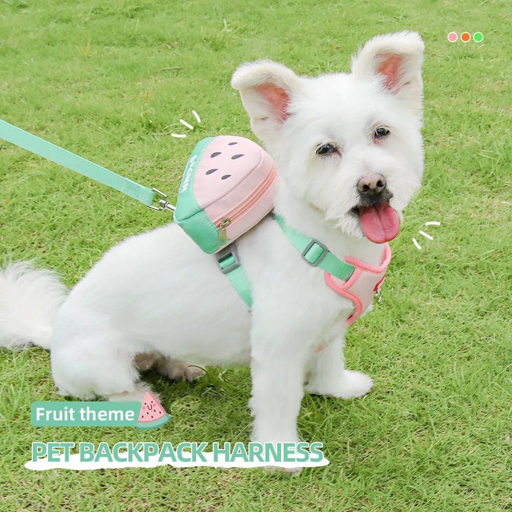 Fruit-themed pet backpack and matching anti-slip chest harness set for dogs and cats