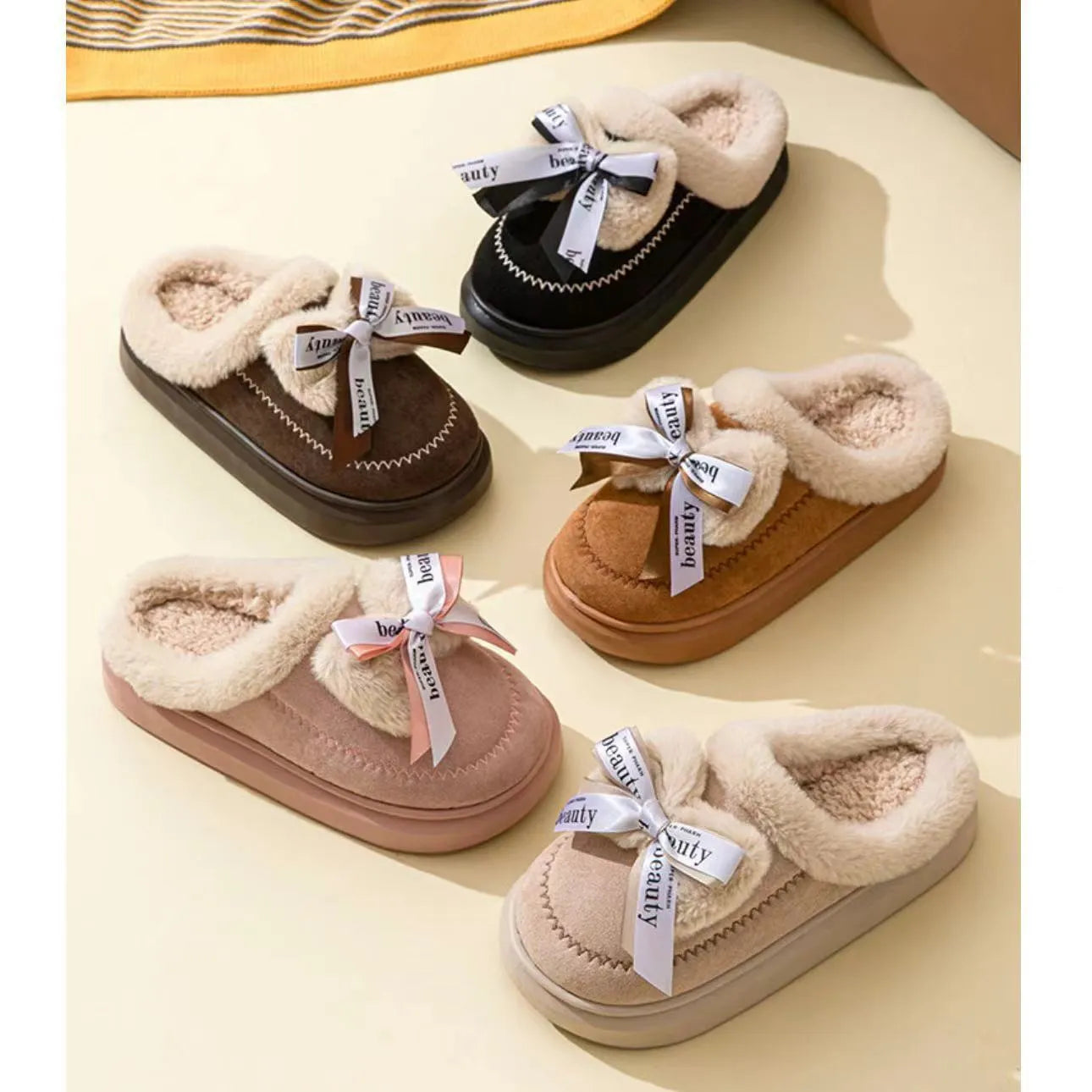Women's beige suede half slippers with a black ribbon bow and thick white EVA sole