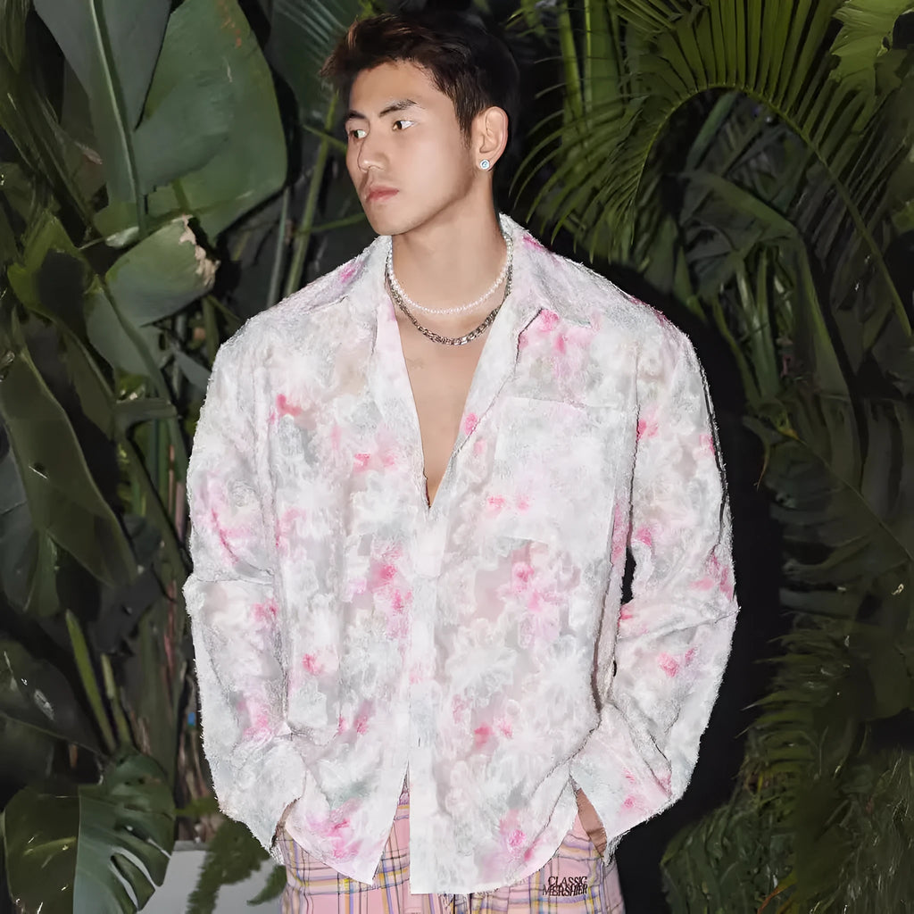 Pink and blue long sleeve shirt with a raised embossed floral pattern, shown in a loose fit.