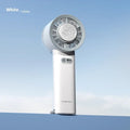 White handheld turbo jet fan with brushless motor and ice cooling function showing compact design