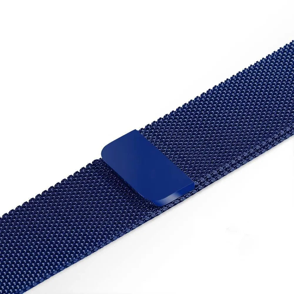 Stainless steel metal link bracelet strap for Apple Watch in silver, black, gold, and rose gold.
