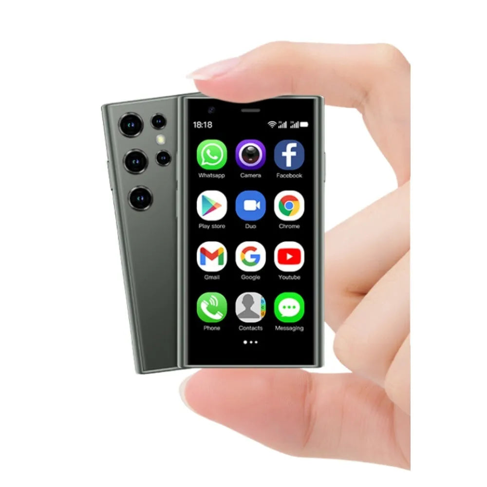 Black, green, and pink purple coloured mini Android smartphone with straight plate design on a white background.