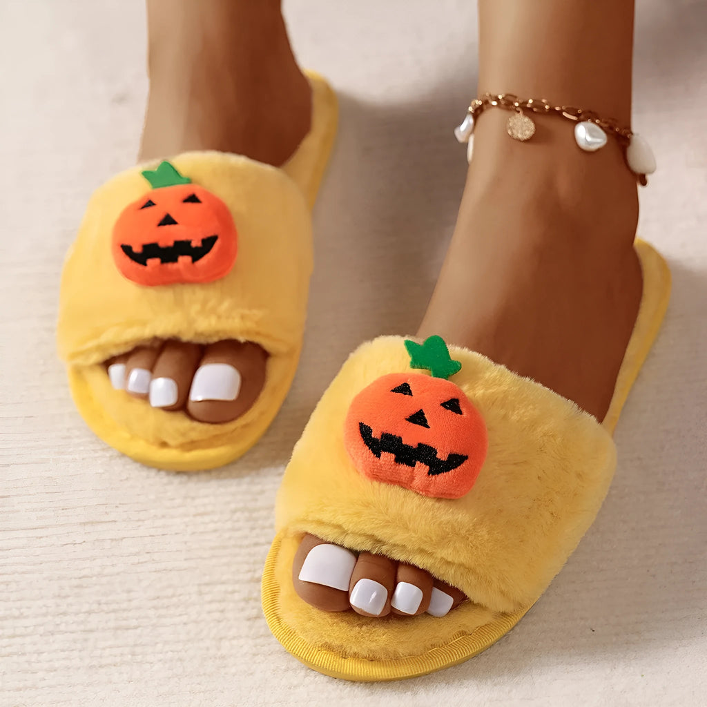 White and yellow Halloween cartoon pumpkin plush open-toe slippers on anti-slip PVC sole.