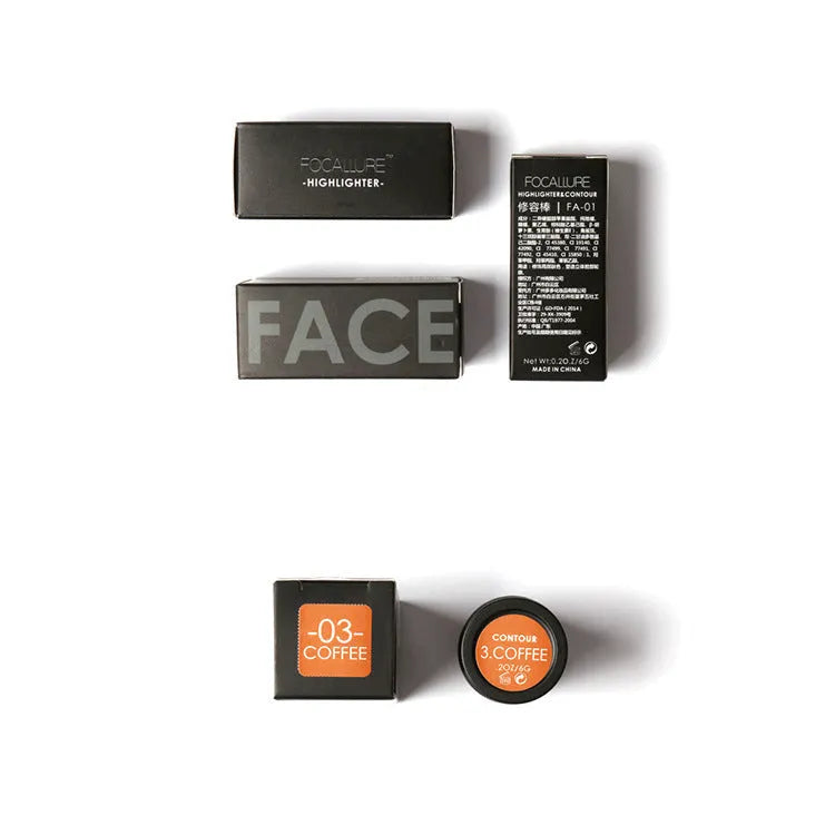 Face contour highlighter make-up product in four shade options A, B, C, and D.