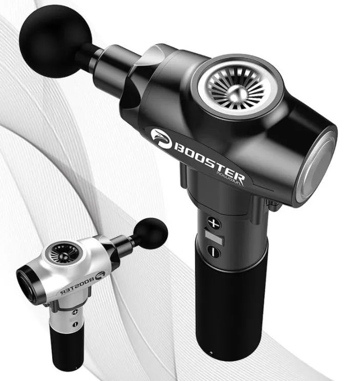 Black and white handheld muscle massage gun with adjustable speed settings