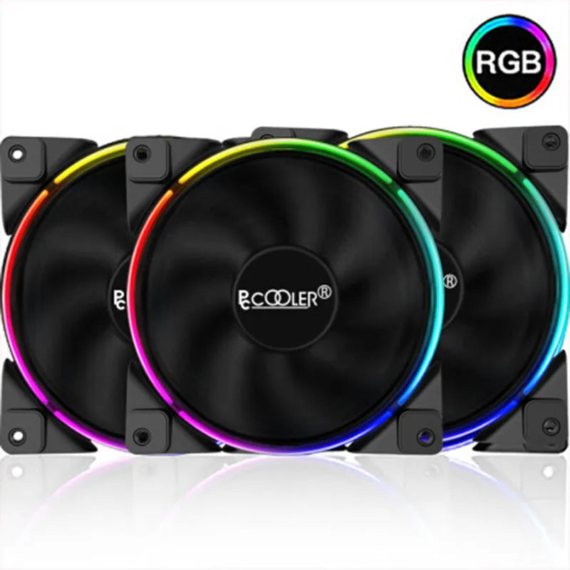 Three black 12cm RGB lighting computer case cooling fans showing fan blades and housing.