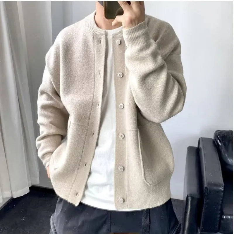 Men's loose fit wool cardigan sweater with round neck in black colour option Hong Kong style