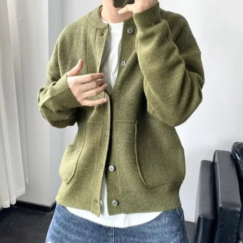 Men's loose fit wool cardigan sweater with round neck in black colour option Hong Kong style