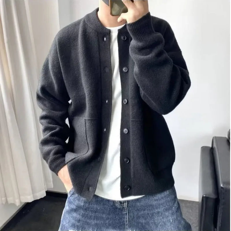 Men's loose fit wool cardigan sweater with round neck in black colour option Hong Kong style