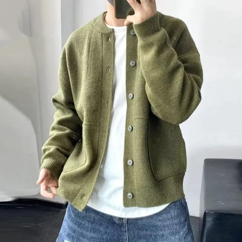 Men's loose fit wool cardigan sweater with round neck in black colour option Hong Kong style