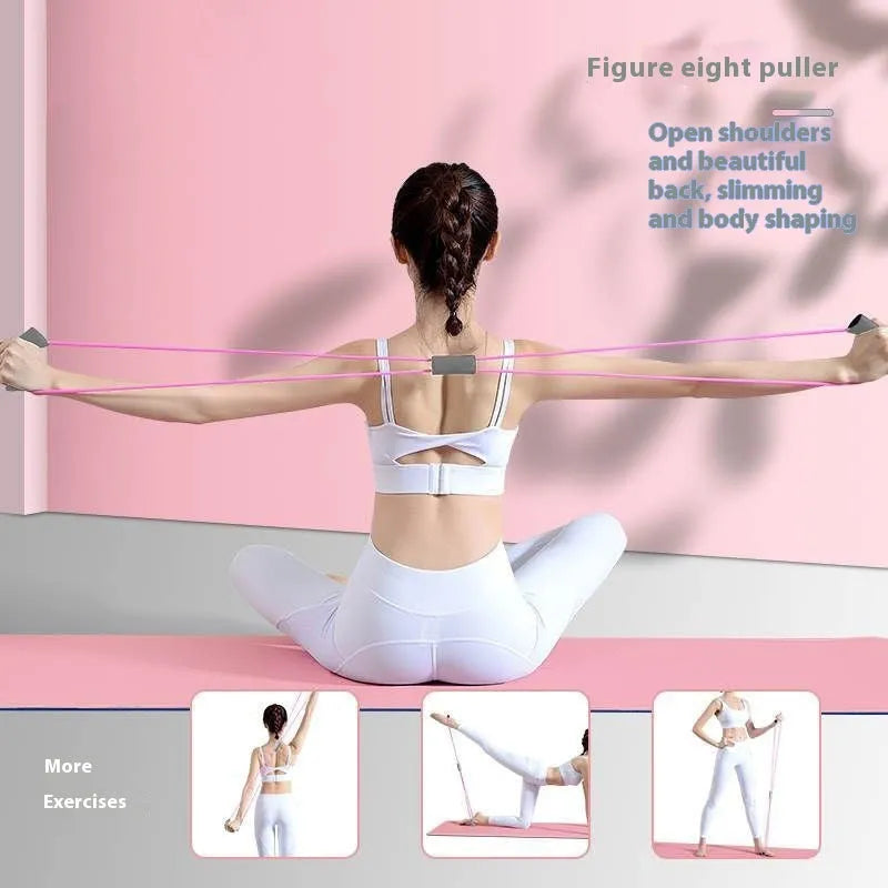 Yoga four piece set showing leg stretcher, yoga ring, pedal chest expander and figure eight tension rope.