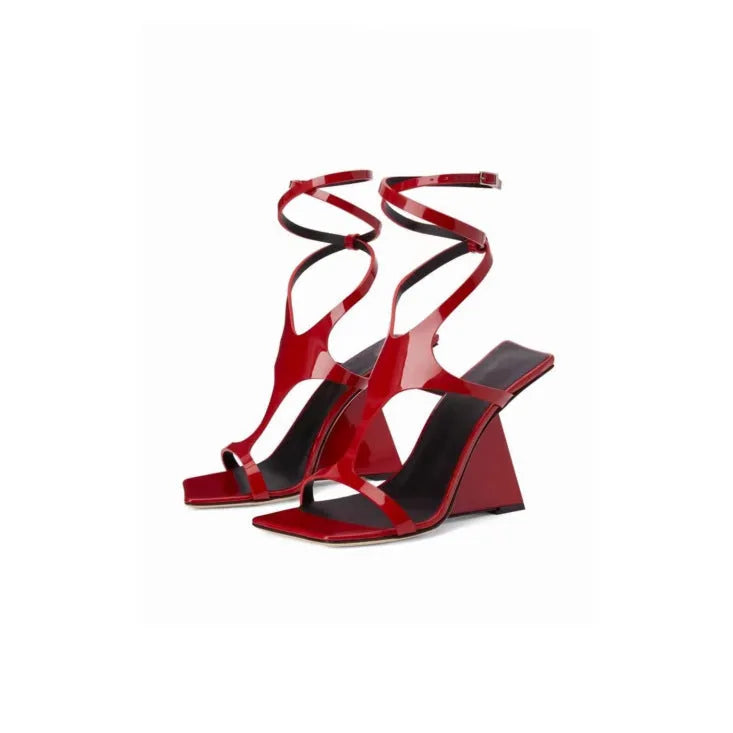 Women's black square toe high heel sandals with a buckle fastening and 9.5cm heel