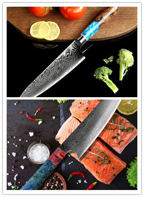 8-piece kitchen knife set with additional Damascus and high carbon steel knives in black and wood colours